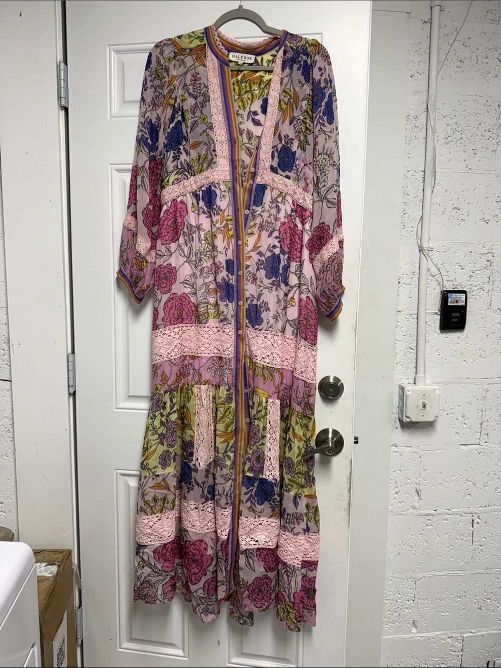 HALE BOB - Size Medium - Pink Floral Lace Trim Maxi Dress - NWOT - Buttons